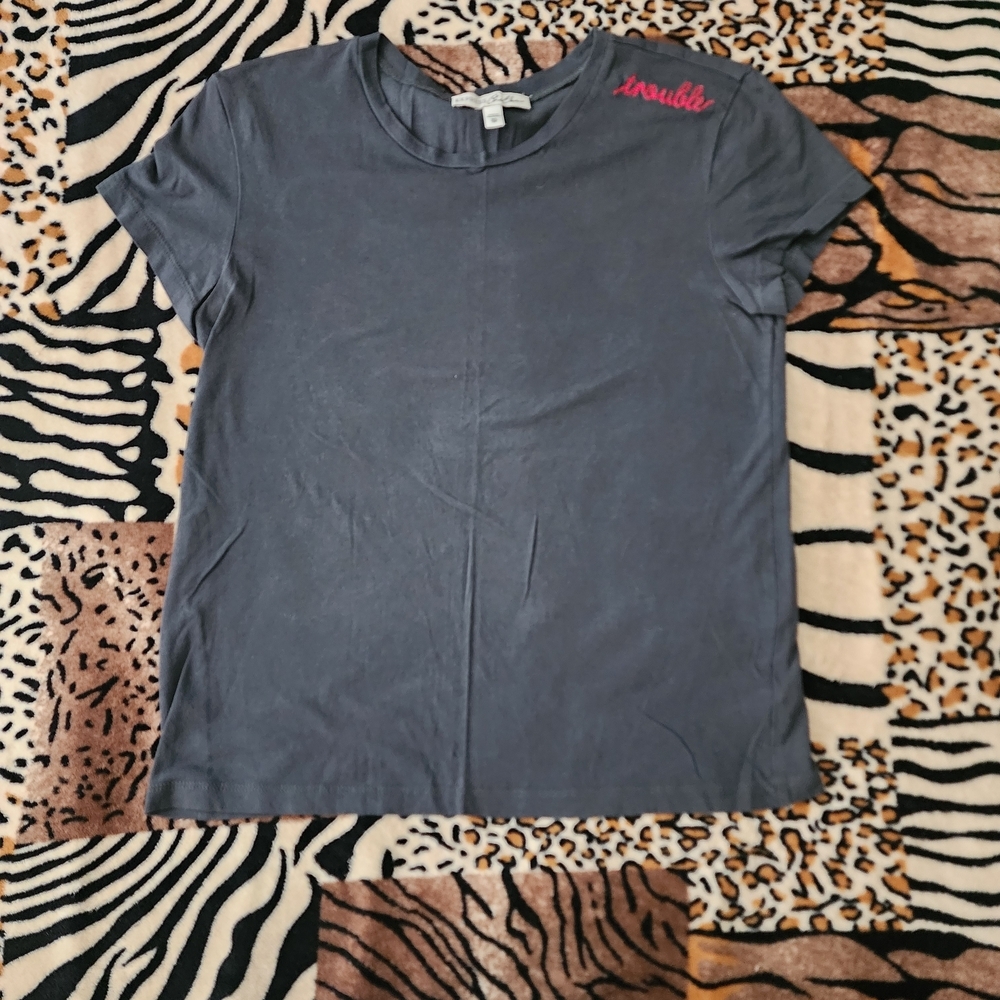 Y2K Express Gray Tee with Red "Trouble" Stitching Detail Size Extra Small